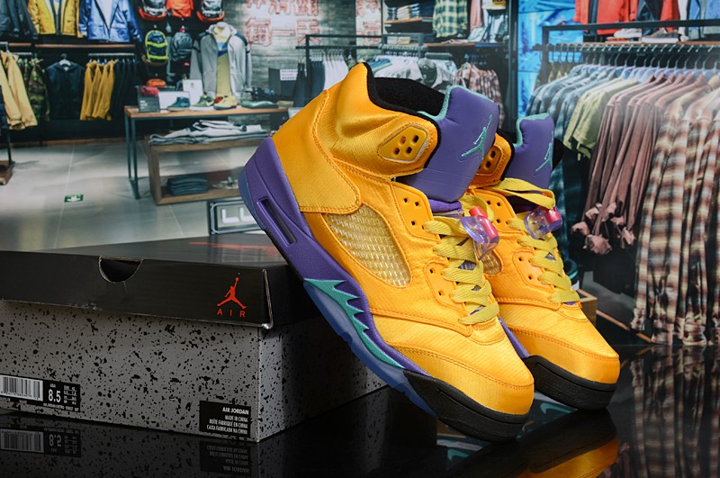 2020 Air Jordan 5 Gold Silk Satin Yellow Purple Black Shoes